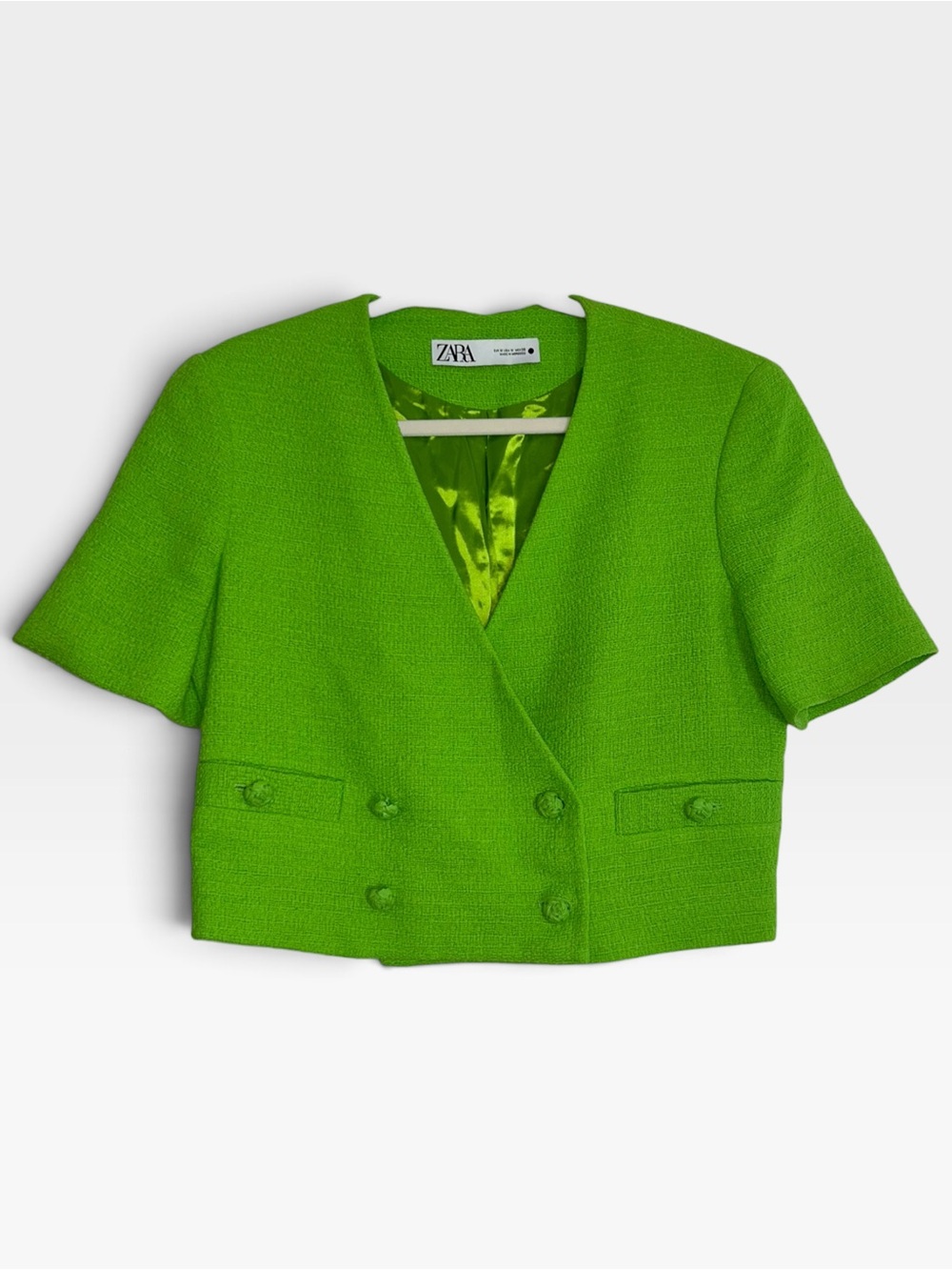 Zara Neon Lime Green Textured Tweed Cropped Short Sleeve Blazer Jacket M
